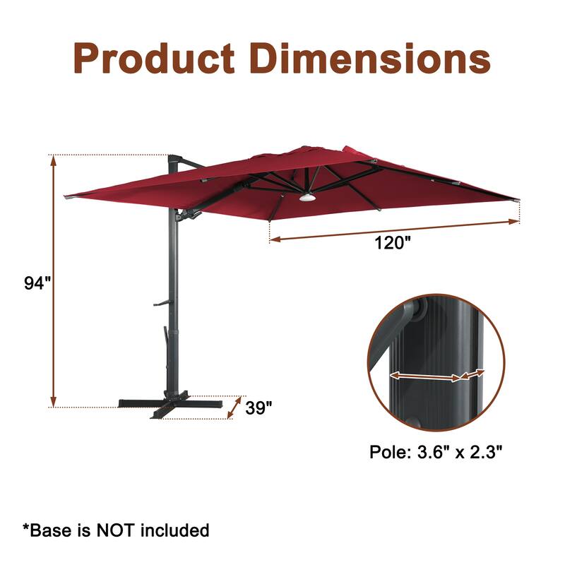 10FT Patio Square Cantilever Market Umbrella with Bluetooth Lights