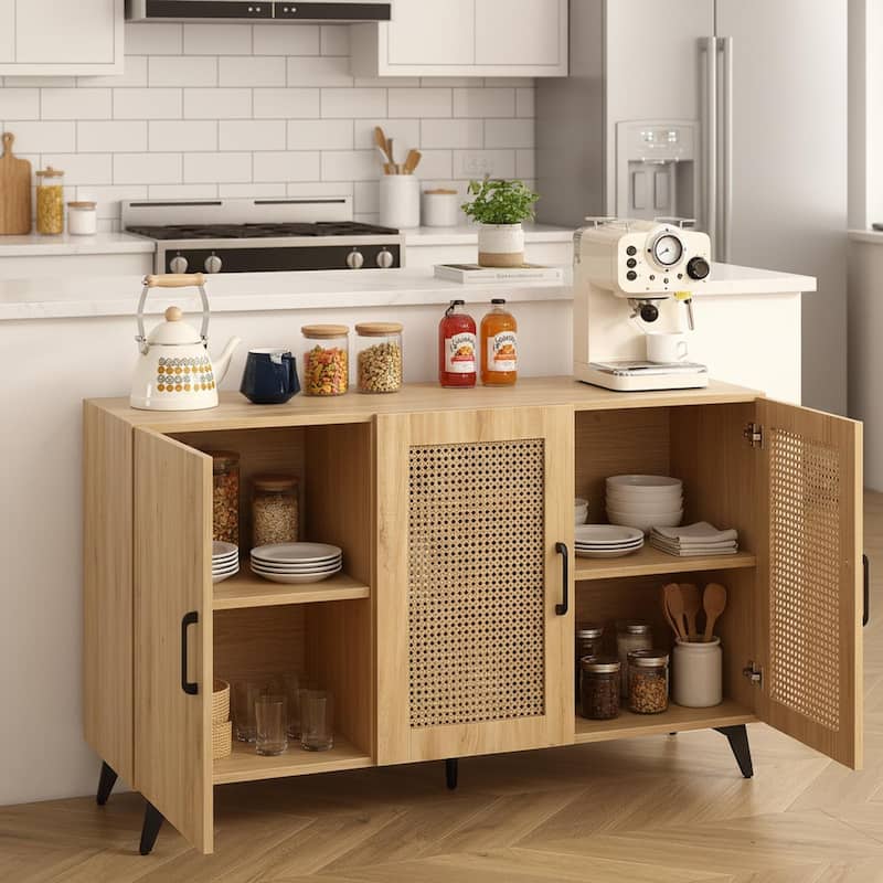 Homy Casa Three-Door Kitchen Pantry Cabinet Rattan Doors, Natural - Natural
