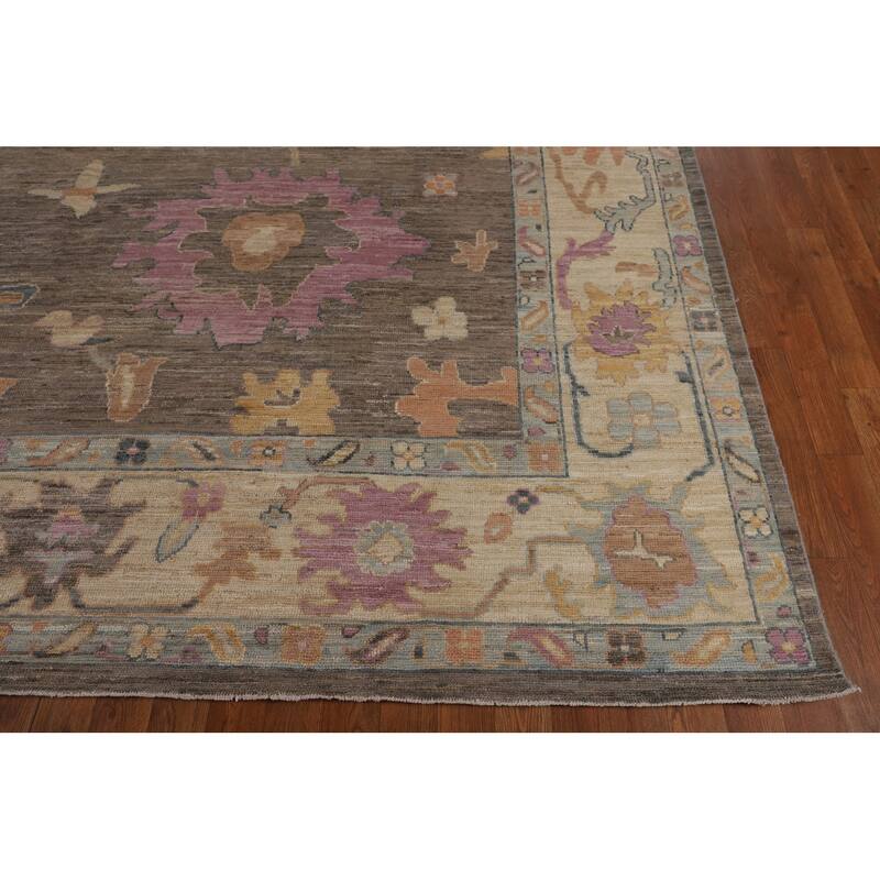 Vegetable Dye Oushak Turkish Rug Hand-Knotted Brown Wool Carpet - 9'2"x 11'10"