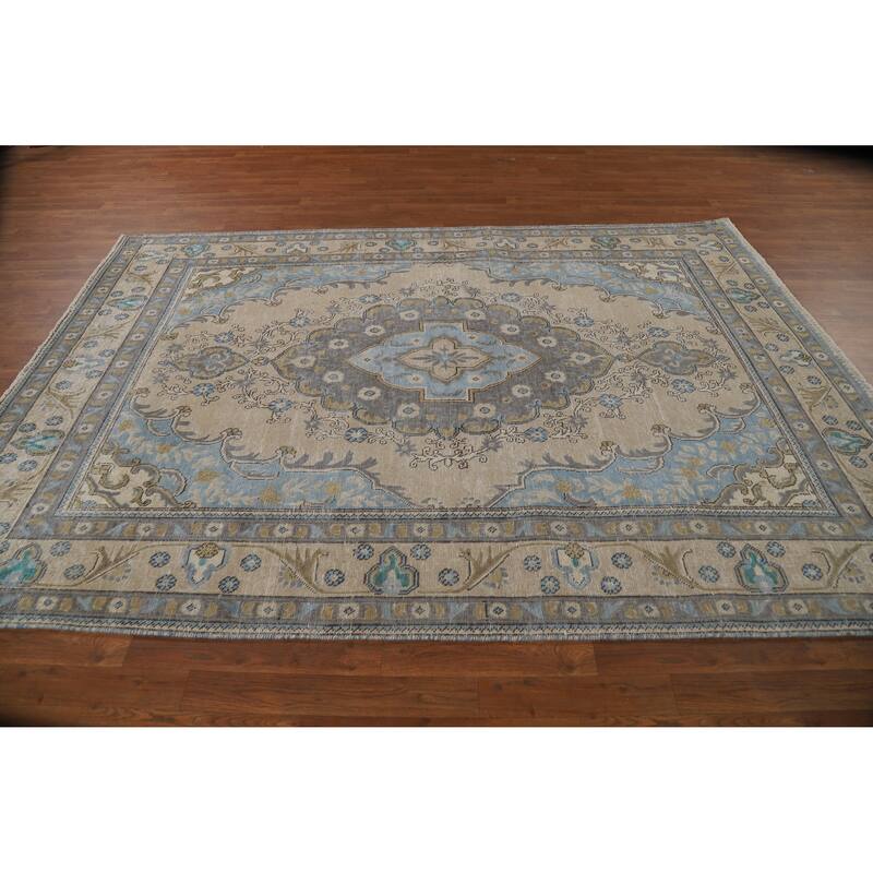 Beige Geometric Tabriz Persian Vintage Rug Hand-Knotted Wool Carpet - 6'3" x 9'1"