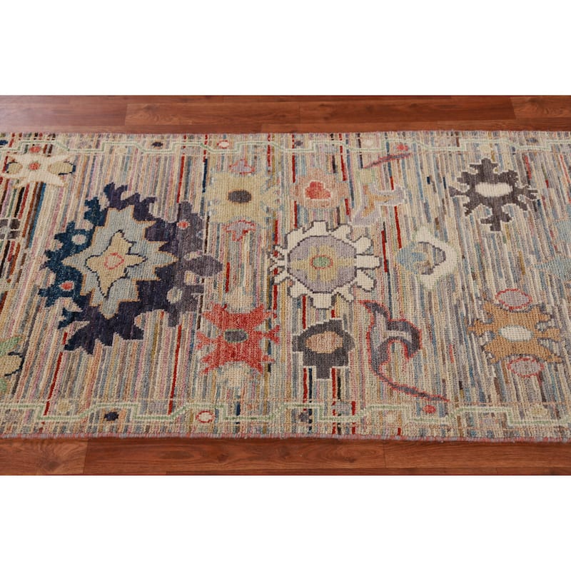 Hand Knotted Oriental 100% Wool Carpet Transitional Floral Multi-Colored Oushak Runner Rug - 9' 2'' X 2' 8''
