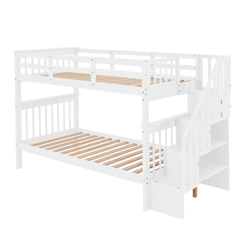 Twin-Over-Twin Bunk Bed with Storage and Guard Rail, White