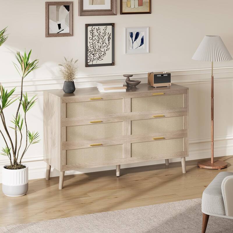 6/8 Drawer Dresser for Bedroom, Natural Rattan Dresser with Metal Handles, Farmhouse Chest of Drawer