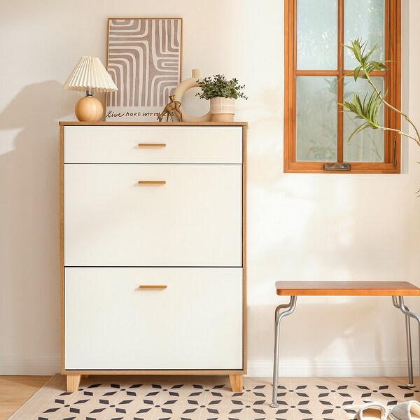 Narrow Shoe Cabinet with 2 Flip Drawers and 1 Regular Drawer - Bed