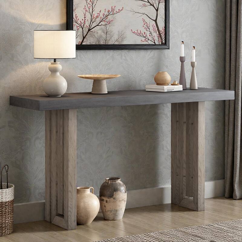 Oak Veneer Console Table with Unique Side Design, Modern Entryway Table for Hallway Living Room