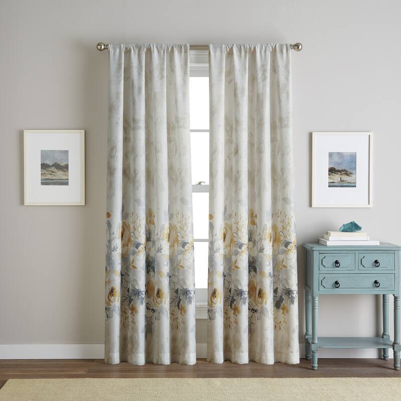 Watercolor Floral Flip Over Rod Pocket Single Curtain Panel - 50" w x 95" l - Gold