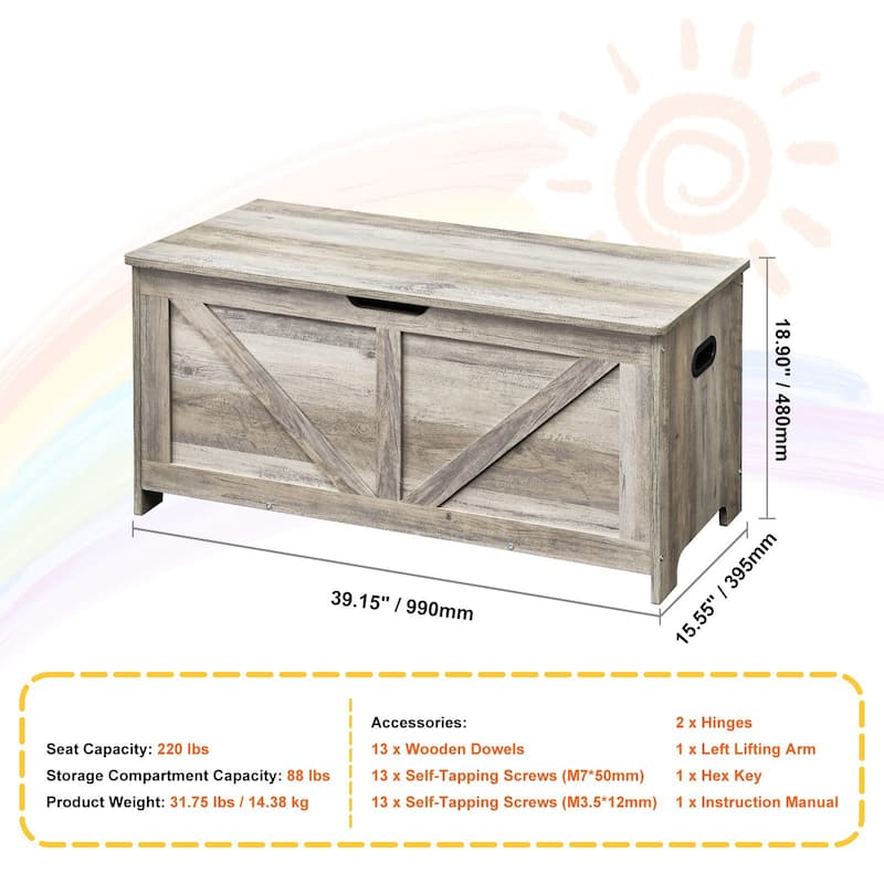 Grey Wooden Kids Toy Storage Bench Box with Flip-Top Lid and Safety Hinge - 39.15” x 15.55” x 18.90”