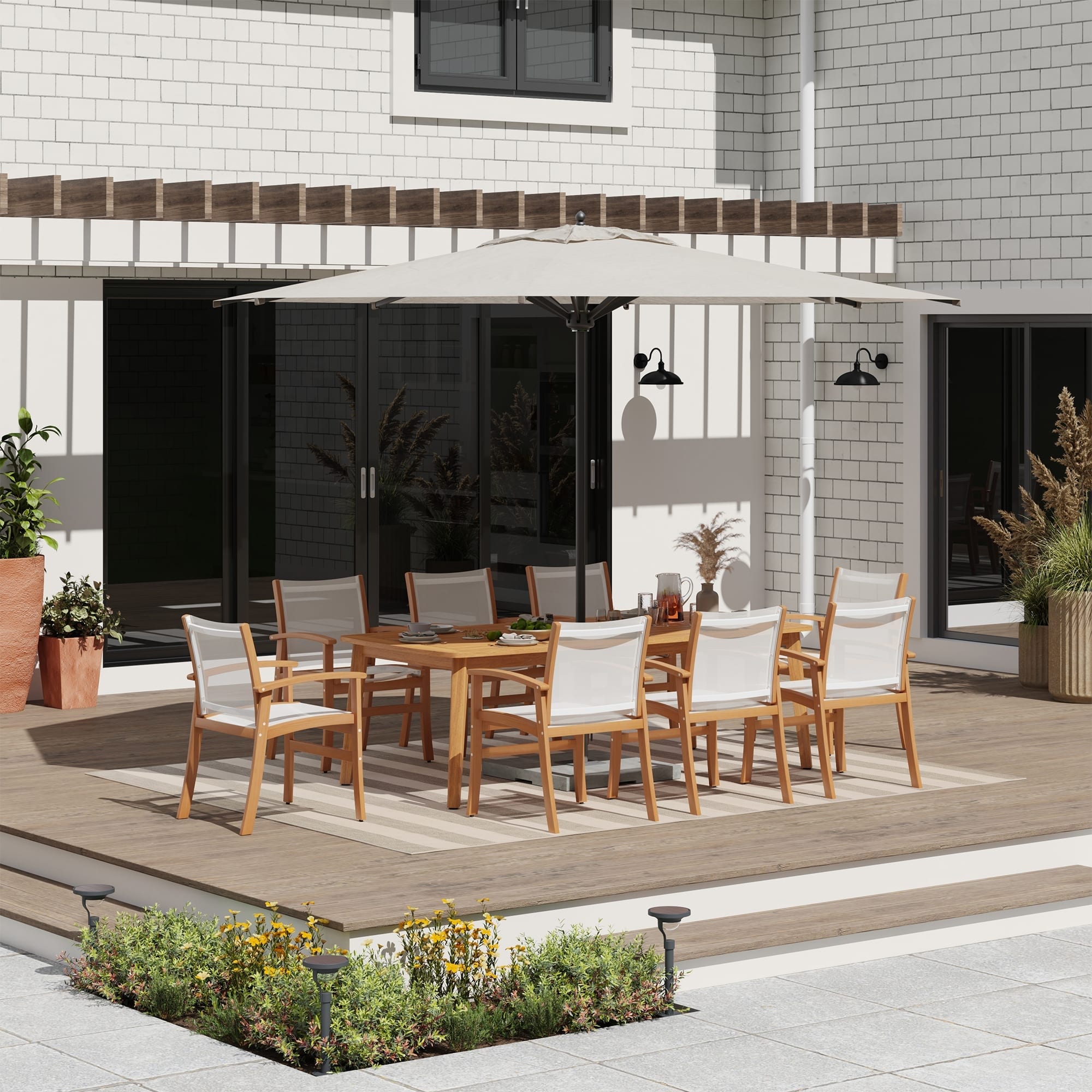 Outdoor Dining Set 9-Piece Acacia Wood Patio Arm Chair with Breathable Textilene Fabric and Table with Umbrella Hole