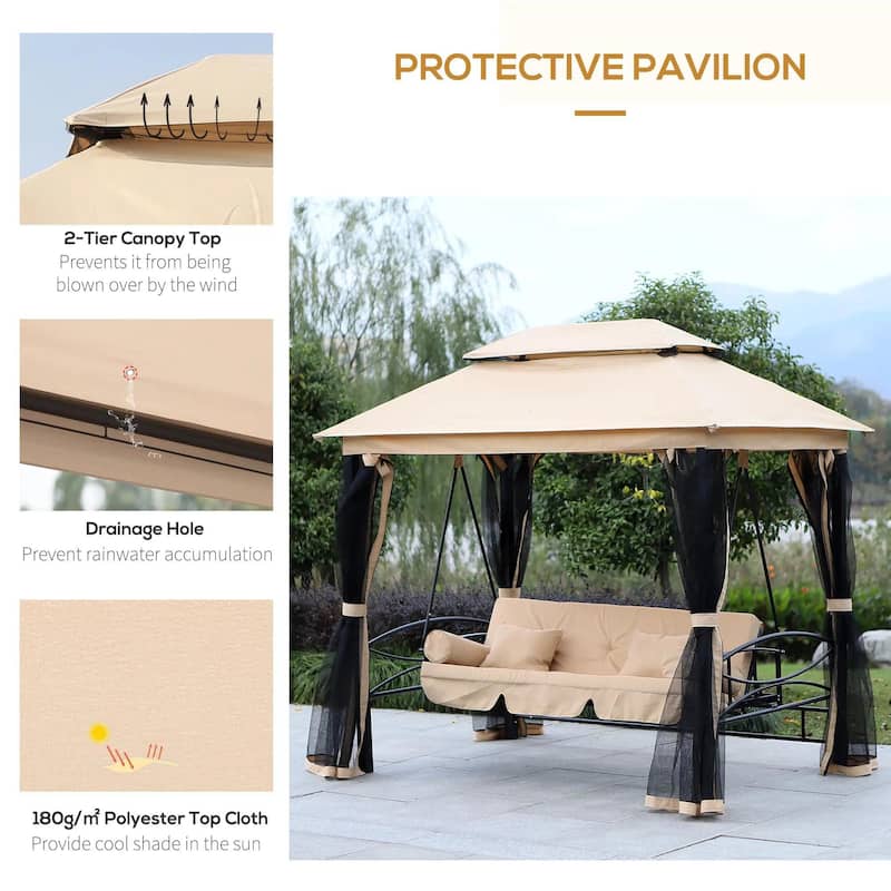 Luxury 3-Seat Patio Swing Chair,Dual Canopy,Mesh Walls,Comfort Cushion