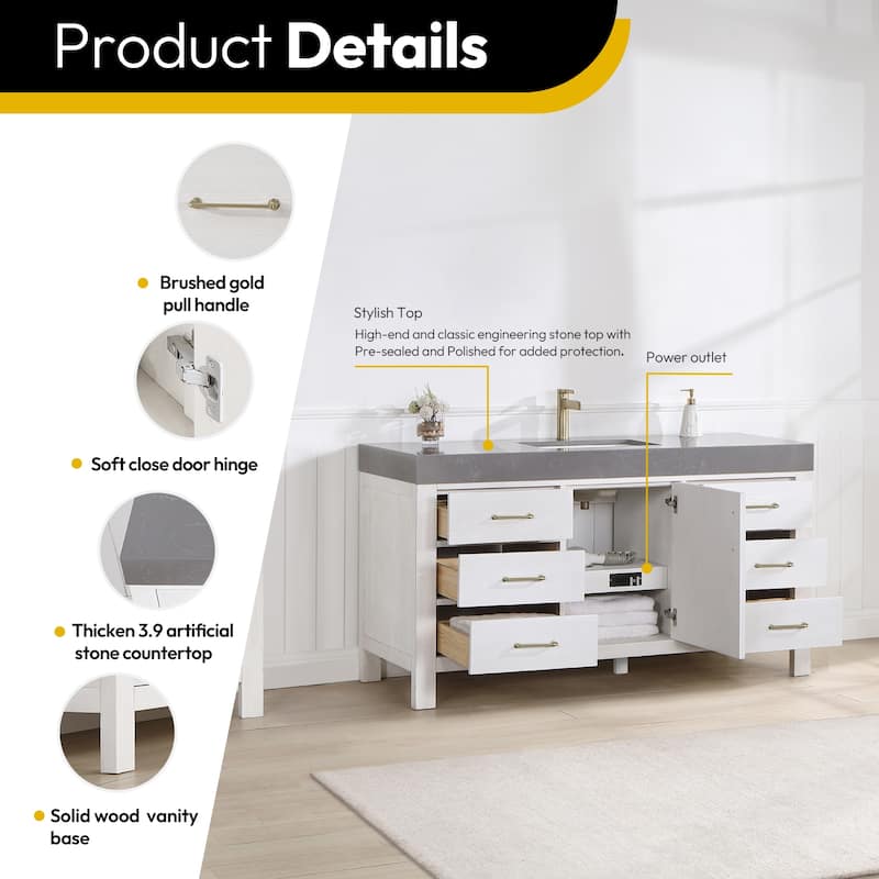Leon 60 in. Single Bathroom Vanity with Composite Stone Top