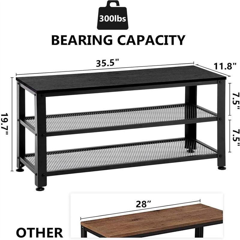 Shoe Rack Bench, 3Tier 35.5 Inches Shoe Rack for Entryway with Long Seat - 11.8"D x 35.4"W x 19.7"H
