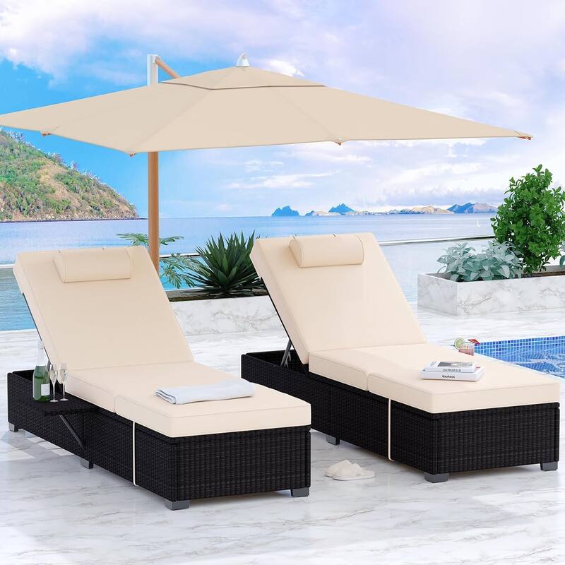 Patio Lounge Chairs Set of 2, PE Wicker Recliners With Adjustable Backrest - Beige