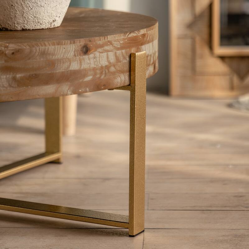 Modern Retro Splicing Round Coffee Table with Fir Wood Table Top and Gold Cross Legs Base