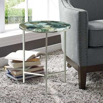 Steve Silver Fleures Ornamental Stone Top and Chrome Metal Side Table