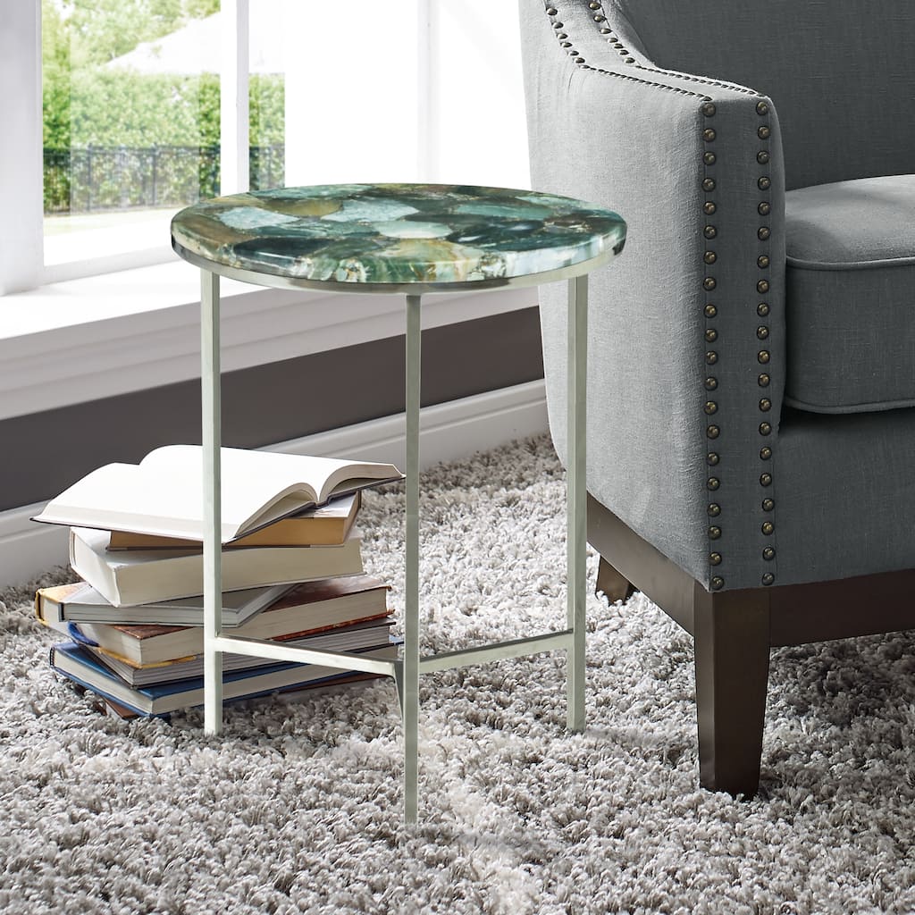 Steve Silver Fleures Ornamental Stone Top and Chrome Metal Side Table