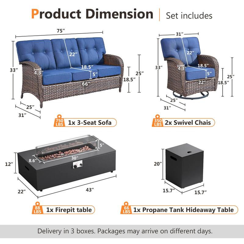 Pocassy 43-In Fire Pit w/ Outdoor Sofa Swivel Chair Ottoman Set