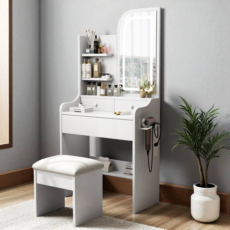 Vanity Desk with Mirror & LED Lights, 3 Drawers, Adjustable Lighting, Chair & Hair Dryer Holder, Makeup Table Set