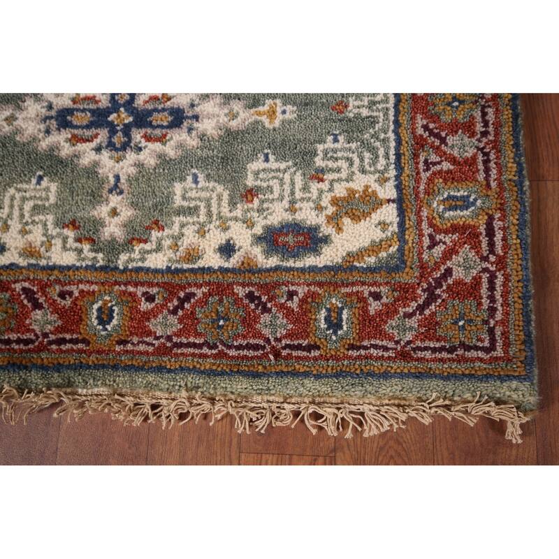 Green Geometric Viss Oriental Runner Rug Handmade Wool Carpet - 2'6"x 8'1"