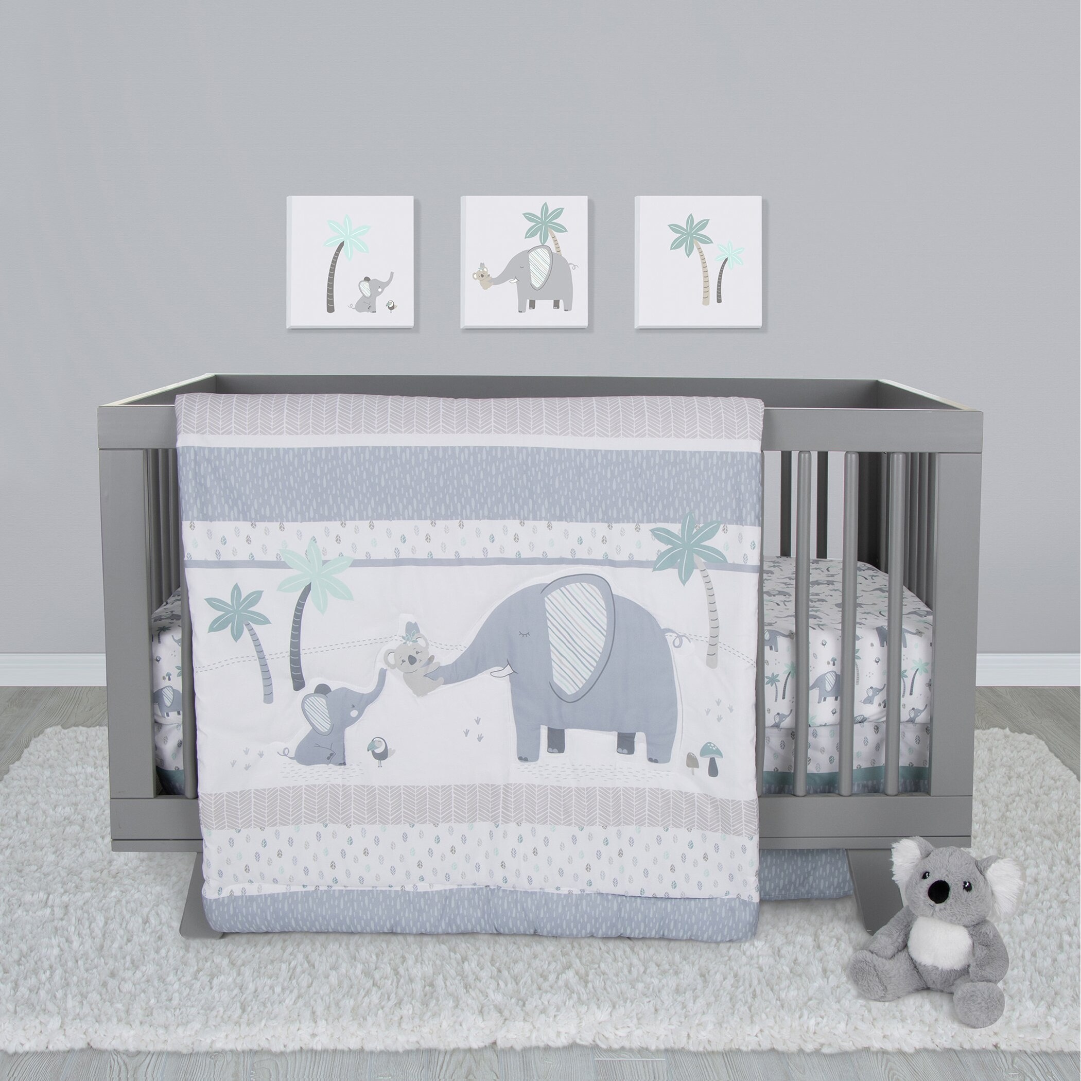 Blue and grey elephant crib bedding clearance