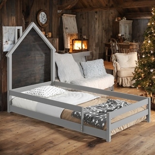 Twin Size Wood bed with House-shaped Headboard Floor Bed Platform with ...