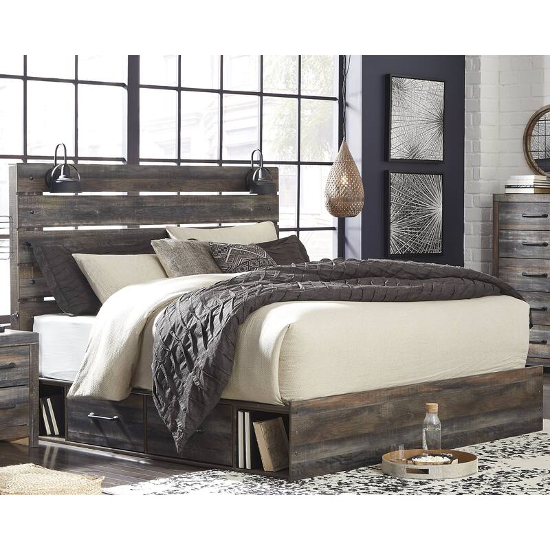 Drystan Rustic Brown Panel Bed with 2 Under Bed Storage Drawers