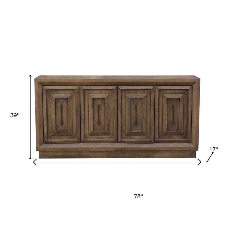 HomeRoots 78" Brown Solid Wood Carved Geometric Sideboard with Four Doors - 78.00 in. x 39.00 in. x 17.00 in.