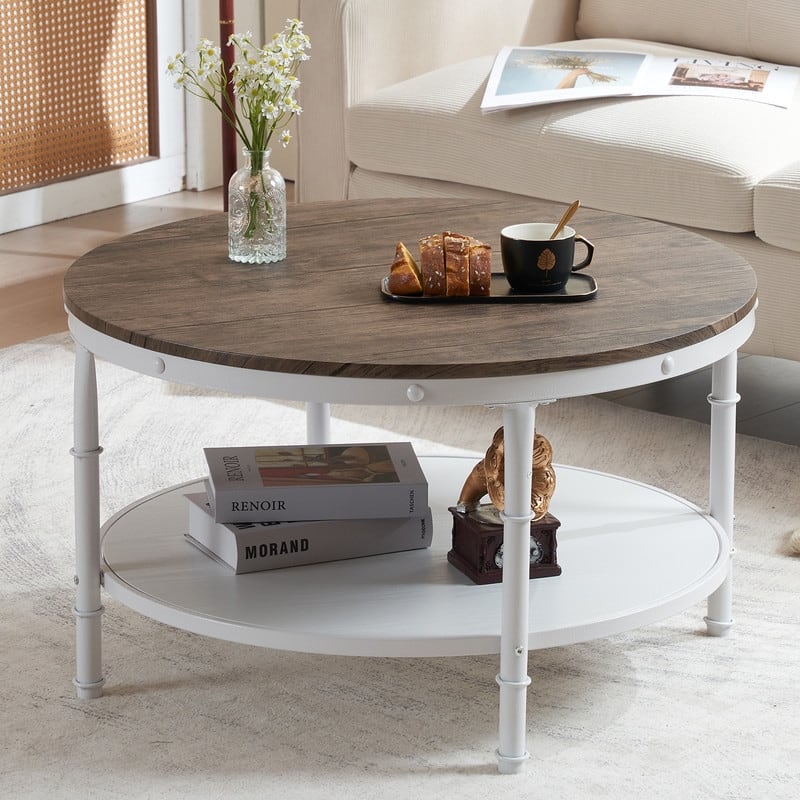 Double-layer Round Dark Walnut-colored Black-veined MDF Panel, White Wrinkled Baked Iron Frame, Industrial Style Coffee Table