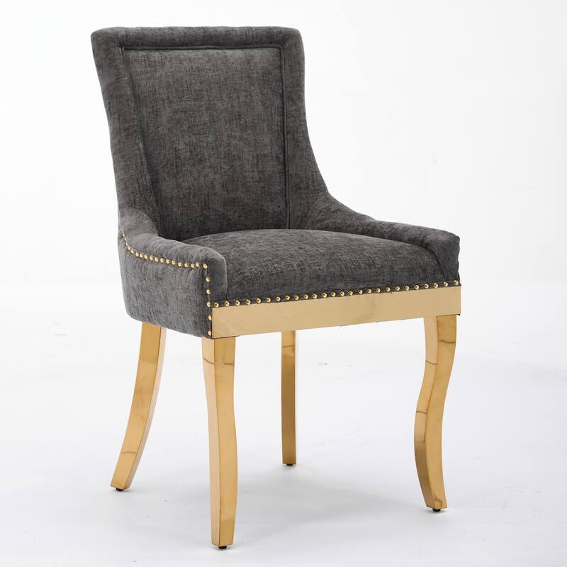 Chenille Dining Chairs,Curved Gold - Plated Legs & Rivet Trim,Accent Seating With Textured Fabric&One-Piece Structure,Set Of 2