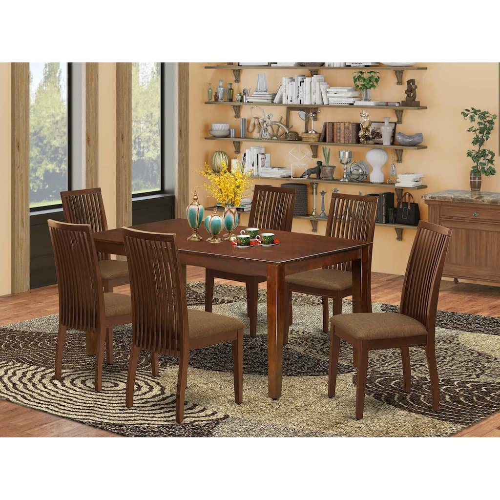HomeStock 7-Piece Rectangle Mahogany Finish Solid Wood Top Dining Table with 6 Chairs with Lattice Back