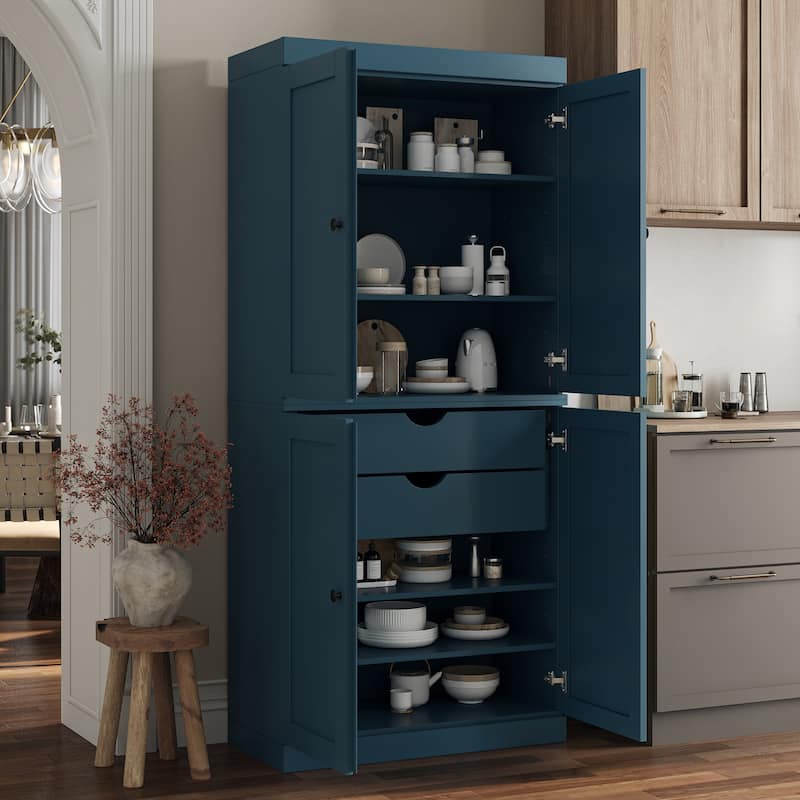 Palace Imports 100% Solid Wood Pantry Cabinet, Shaker Doors, 2 Drawers, Adjustable Shelves, 32" Wide, 71.5" Tall - Teal Blue