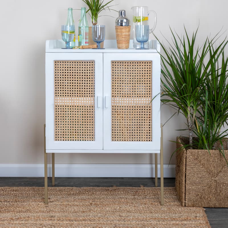Solid Wood Bar Cabinet with Metal Legs and Woven Cane Doors