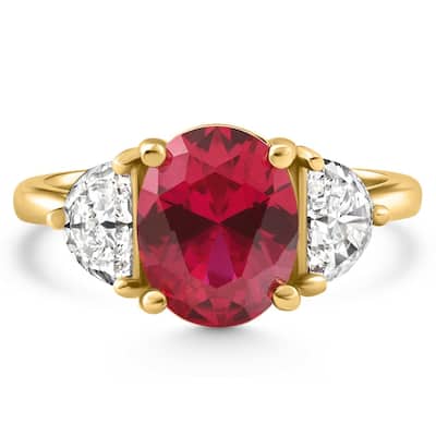 Oval Ruby & Half Moon Diamond Ring Yellow Gold Lab Grown