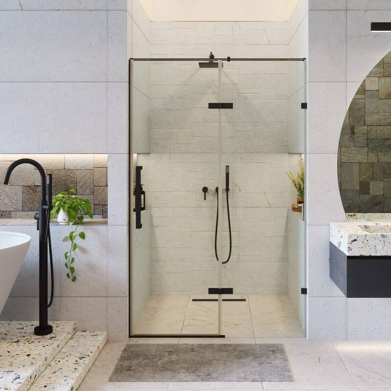 Fine Fixtures Hinged Clear Frameless Glass Shower Door Enclosure - 60 Inch - Black
