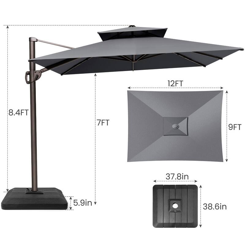 9 x 12 ft Double Top Patio Cantilever Umbrella with Base, 360-degree Rotation