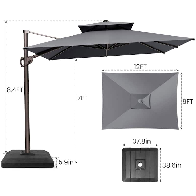 9 x 12 ft Outdoor Double Top Patio Cantilever Umbrella with 4-Piece Umbrella Base