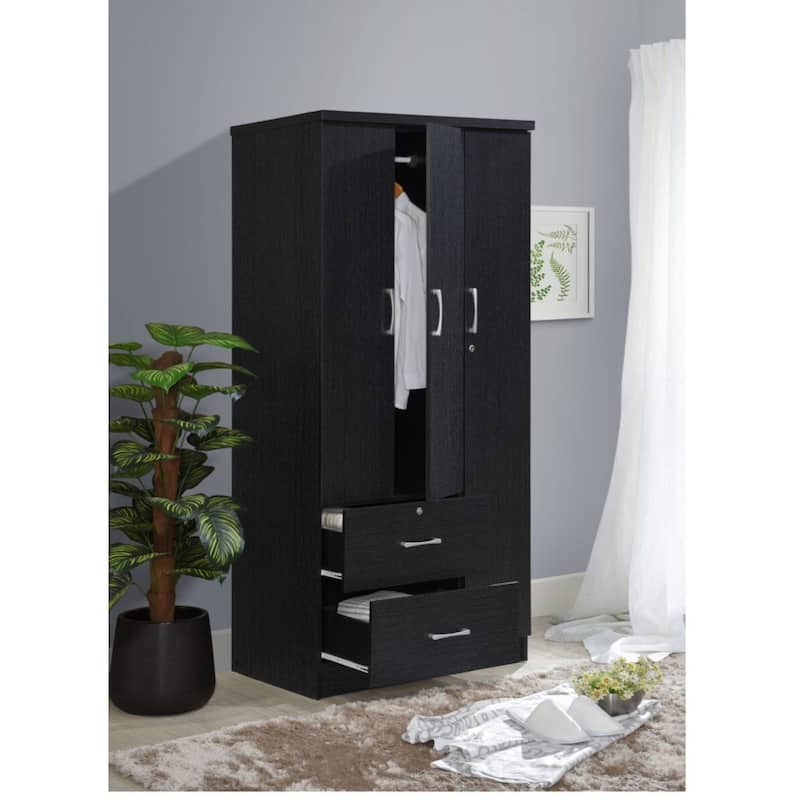 72" Black 2 Drawers and 3 Shelves with 3 Doors Armoire
