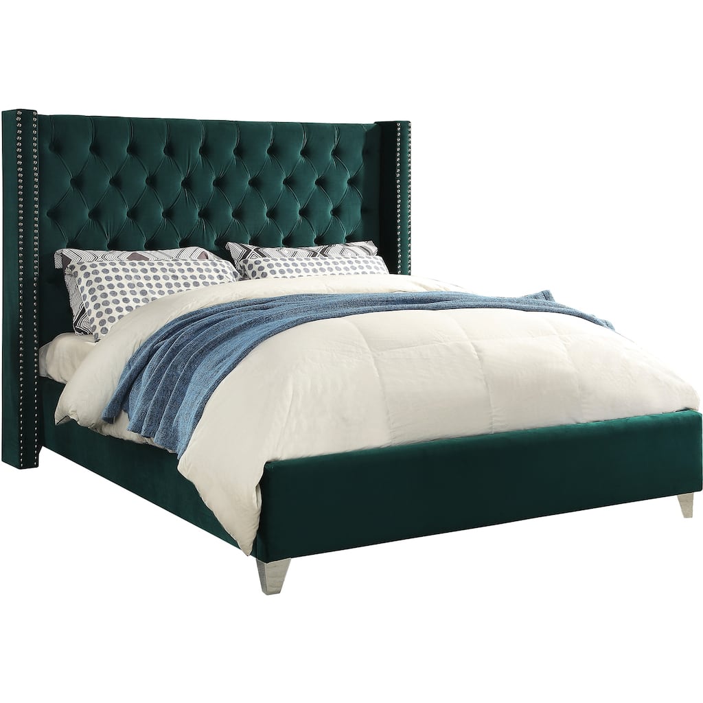 Velvet Bed with Deep Tufting, Winged Design, and Chrome Nailhead Trim for Elegant Bedrooms