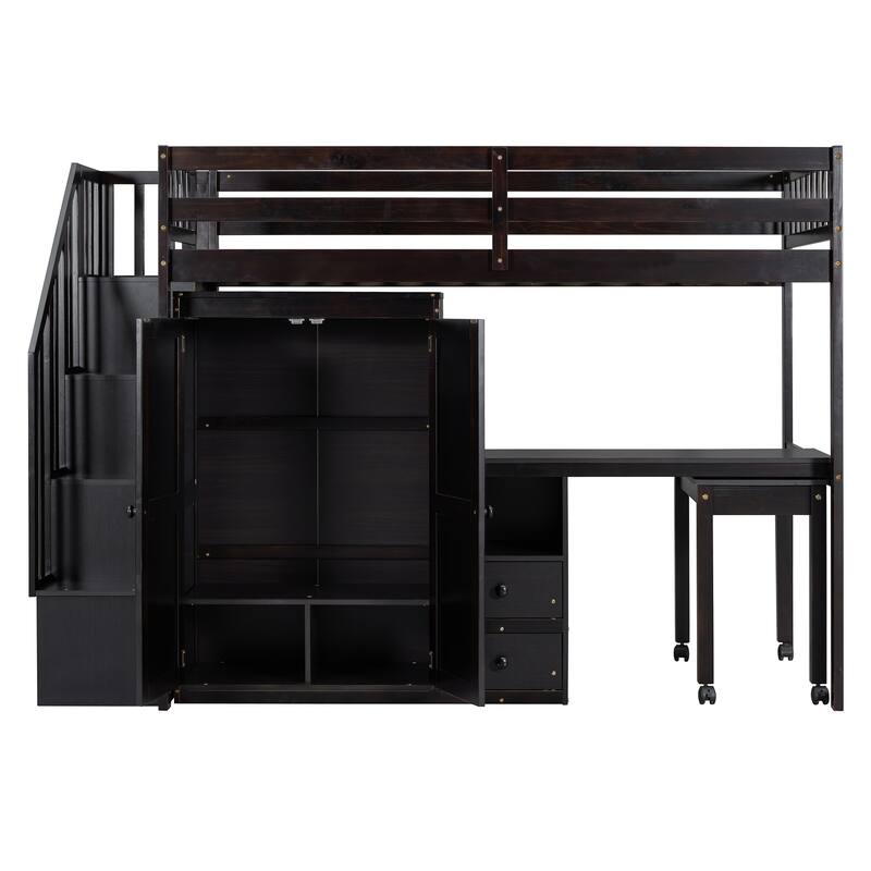 Space-Saving Twin Loft Bed with Stairs, Bookshelf, Drawers, Desk & Wardrobe for Kids & Teens