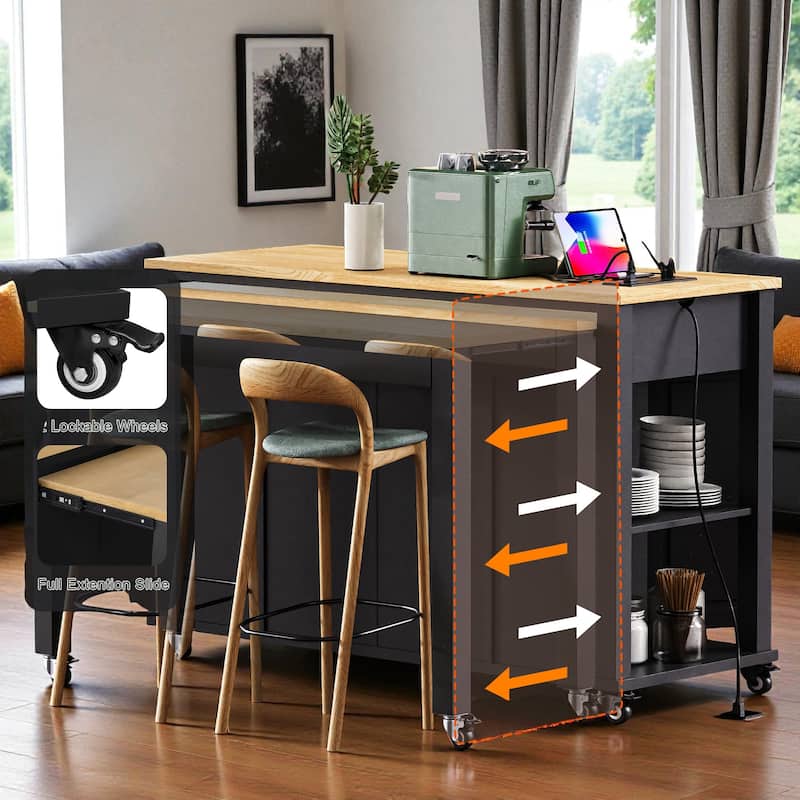 47" Kitchen Island with Extendable Table, Power Outlet, Rubber Wood Top, Storage Cabinet & Drawers