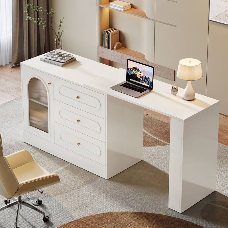 Modern 360° Rotatable Computer Desk, Executive Desk with 3 Drawers