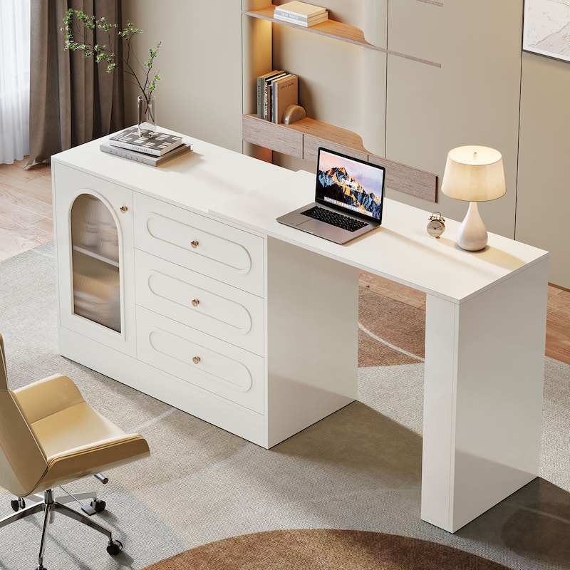 Modern 360° Rotatable Computer Desk with 3 Drawers, L Shaped Corner Executive Desk