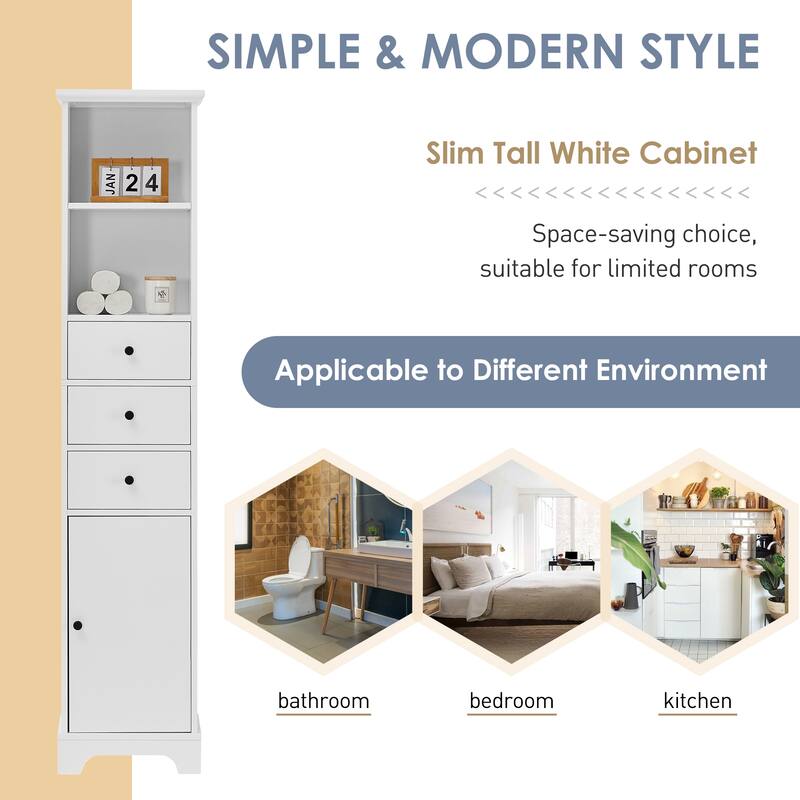 Tall Bathroom Cabinet, Freestanding Storage Cabinet with 3 Drawers and Adjustable Shelf, MDF Board with Painted Finish