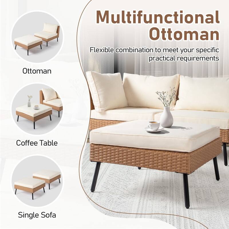 Patio 6-Piece Wicker Sectional Sofa Set with Corner & Ottomans, Adjustable Iron Feet