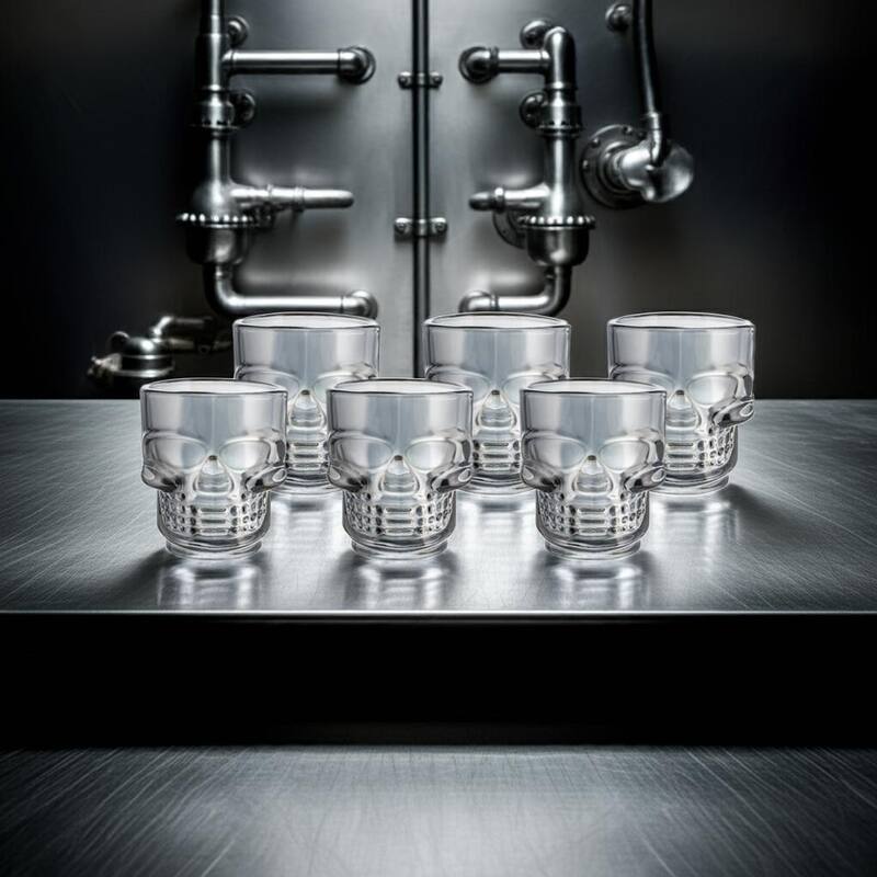 Skull-Shaped Shot Glasses Set of 6, 1.75oz - Glass Novelty Drinkware for Halloween, Parties, and Barware
