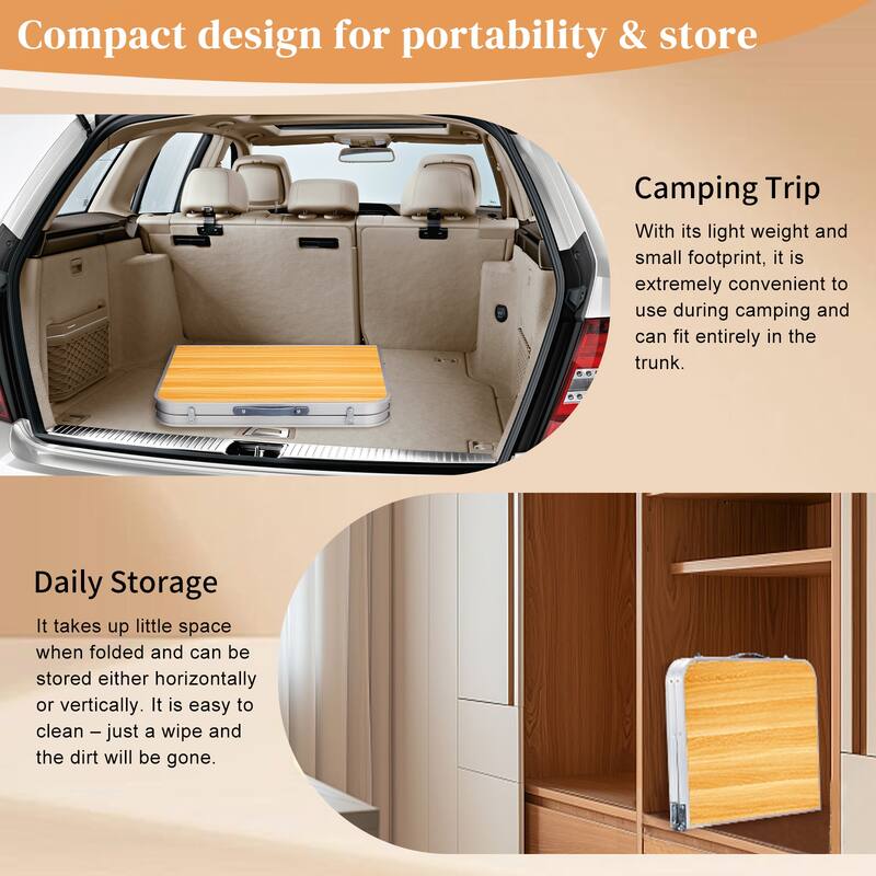 Portable Folding Table with Aluminum Frame and Wood Grain Top