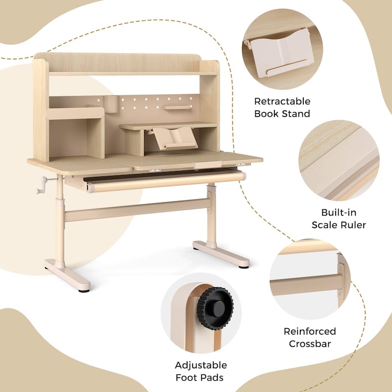 Gymax Kids Study Desk w/Tilt Desktop Retractable Book Stand & Pegboard