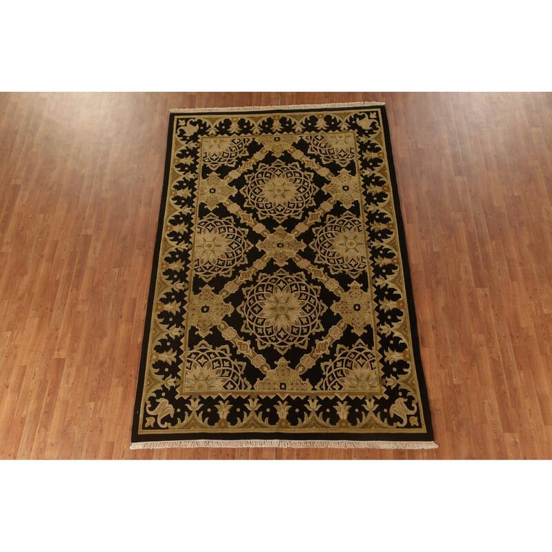 Black & Gold Agra Indian Area Rug Handmade Wool Carpet - 6'2"x 9'4"