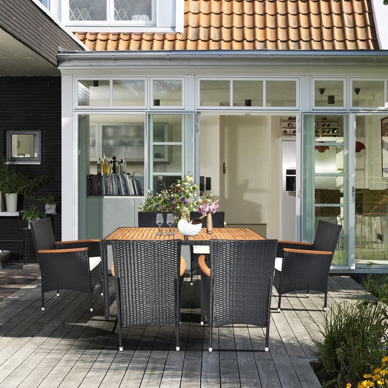 Patio 7-Piece Wicker Acacia Wood Outdoor Dining Set with Beige Cushion