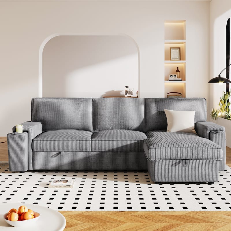 Upholstery Sleeper Sectional Sofa with Storage Bags & 2 Hidden Cup Holders - Grey