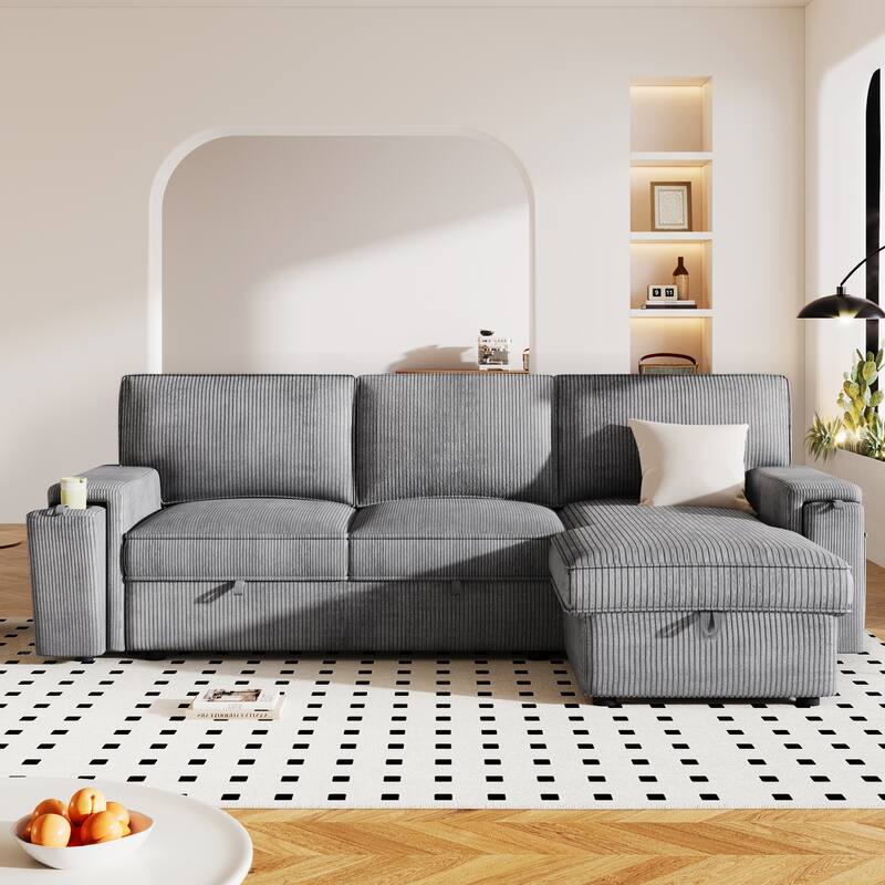 Versatile Sectional Sofa Set with 2 Cup Holders, 3-Seat Convertible Sleeper Sofa with Twin Pull-out Bed and Storage Bags